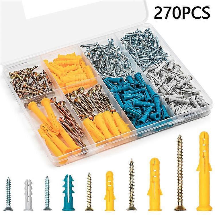 270Pcs / Set Expansion Bolt Self-Tapping Screws Wall Plugs for Brick Concrete Drywall Wood