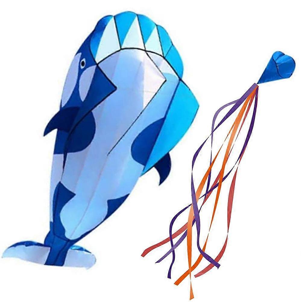 Large 3D Orca Dolphin Kite High-Flying Outdoor Fun Durable Ripstop Nylon Easy Assembly with String Board Blue and White 120*215c