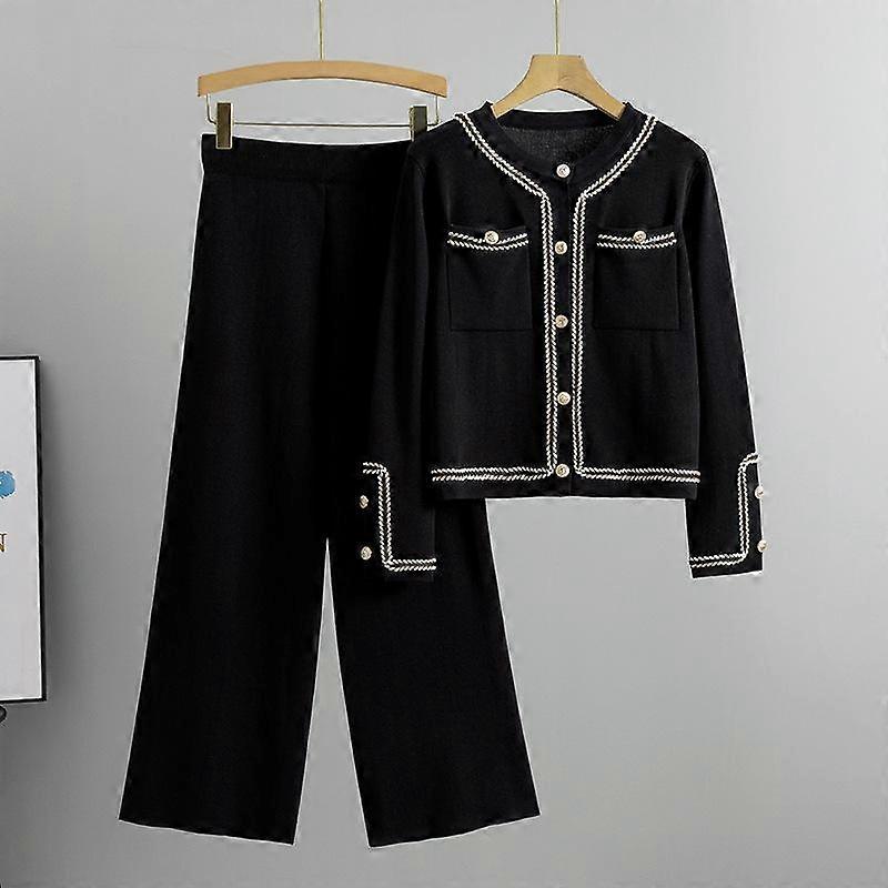 Spring and Autumn Women's Plus Size Fashion Temperament Round Neck Knitted Cardigan Set Little Fragrance Pant Suit