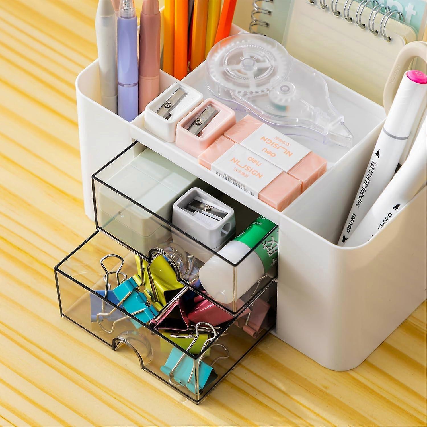 7-grid plastic desktop storage box with drawer multifunctional desk white