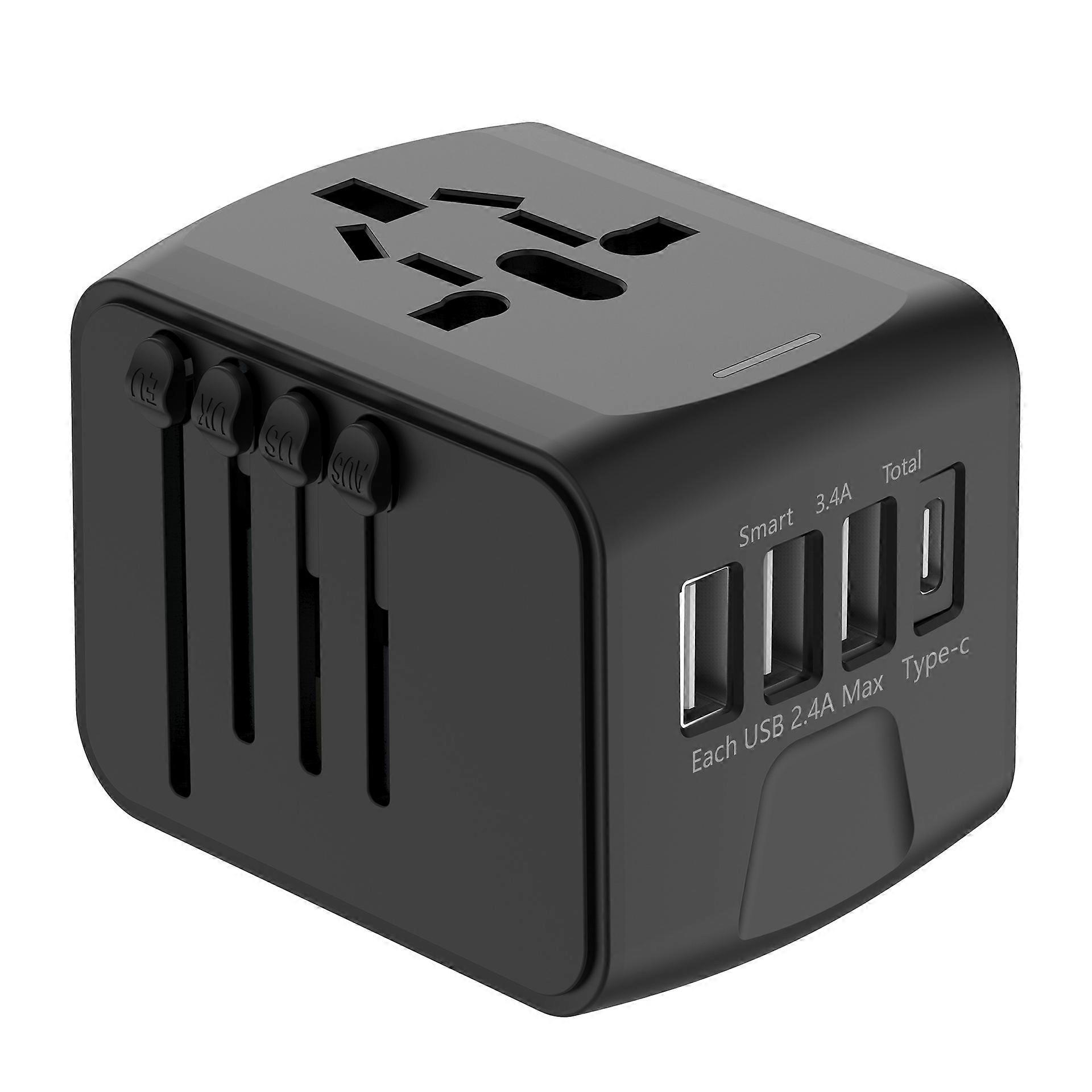 Adaptador de Viagem Internacional Universal Preto com 3 USB e 1 Tipo C, 1500W, Para EUA e Reino Unido..