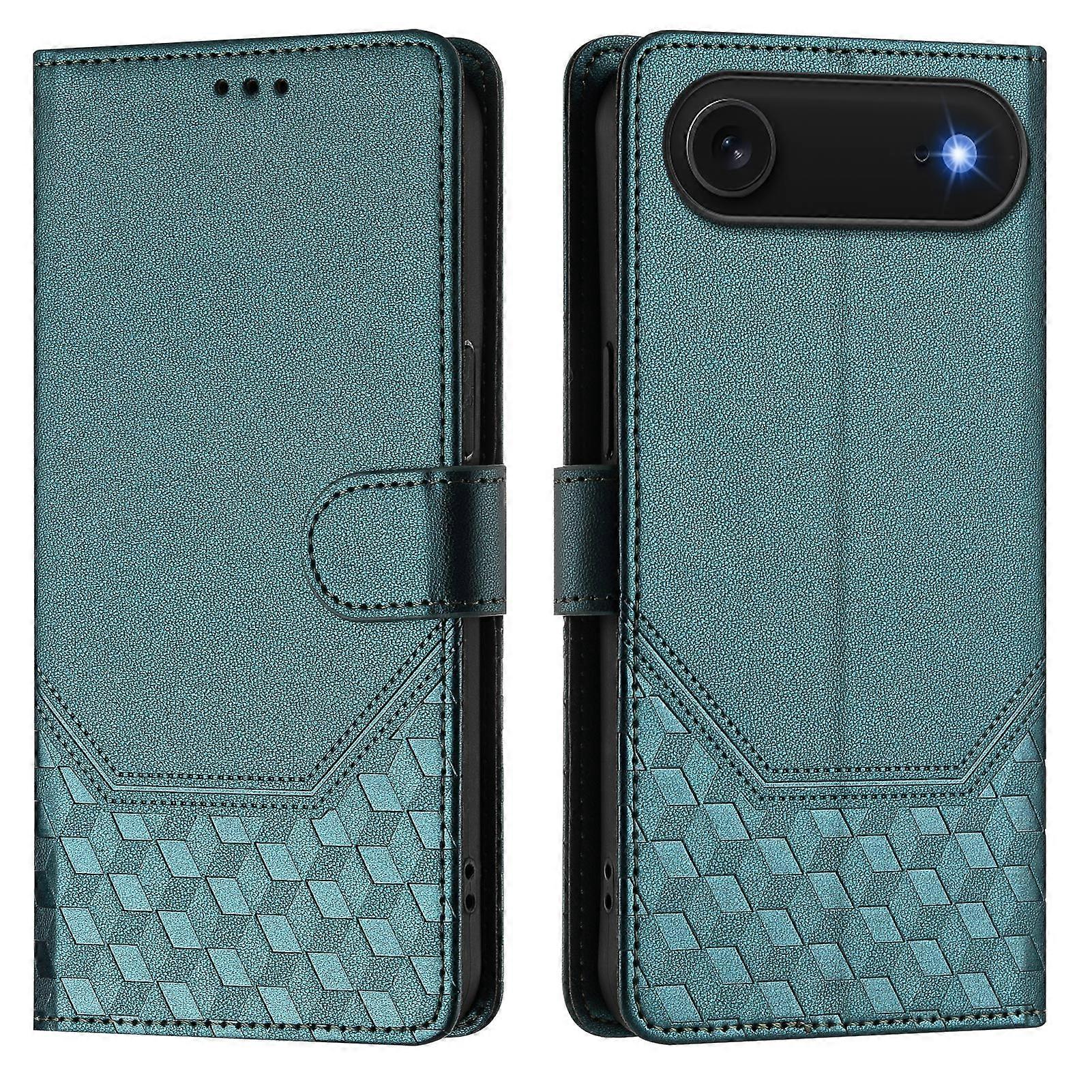 غطاء حافظات لهاتف iPhone 17 غطاء هاتف جلدي مطبوع على شكل قرص العسل RFID مع حزام - أخضر