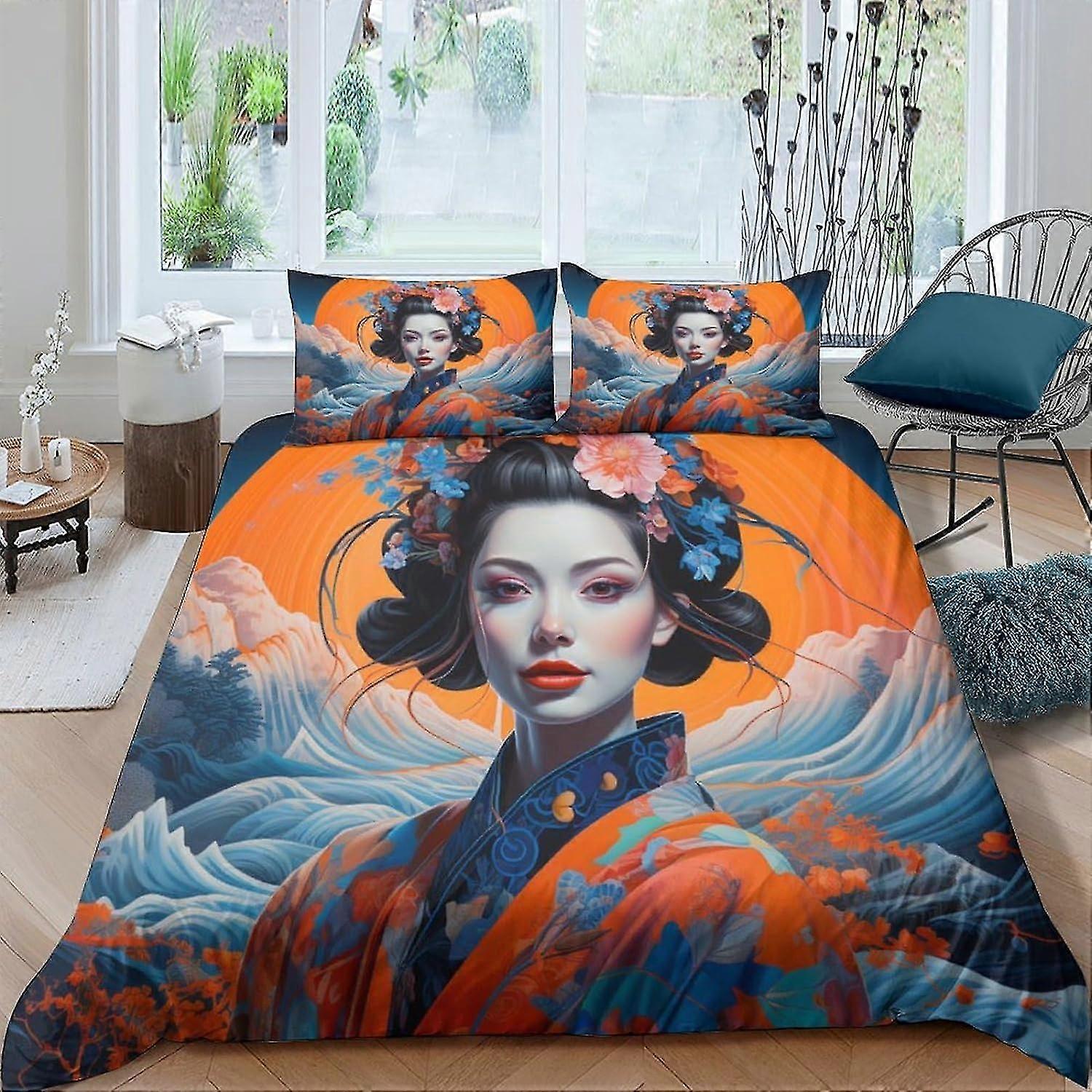 Conjuntos de Cama de Gueixa Japonesa 3D Capa de Edredom Conjunto de Capa de Edredom para Decoração Infantil Conjunto de 3 Peças com Fecho de Zíper Microfibra Macia D