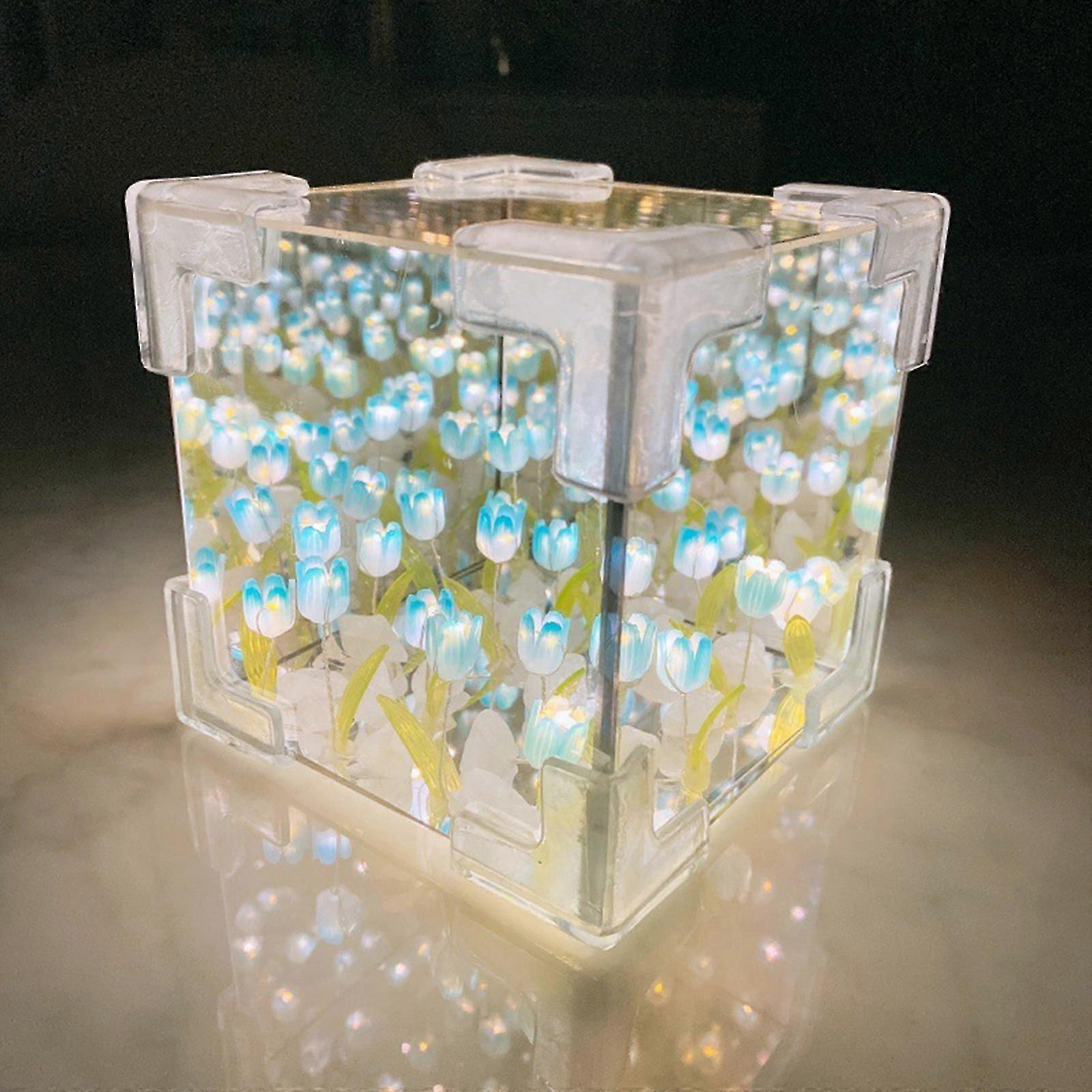 Tulip Night Light, DIY Tulip Cube Mirror Lamp, LED Flowers Tulip Light, Desk Lamp with Adjustable Brightness for Table, Bedroom, Home Decoration