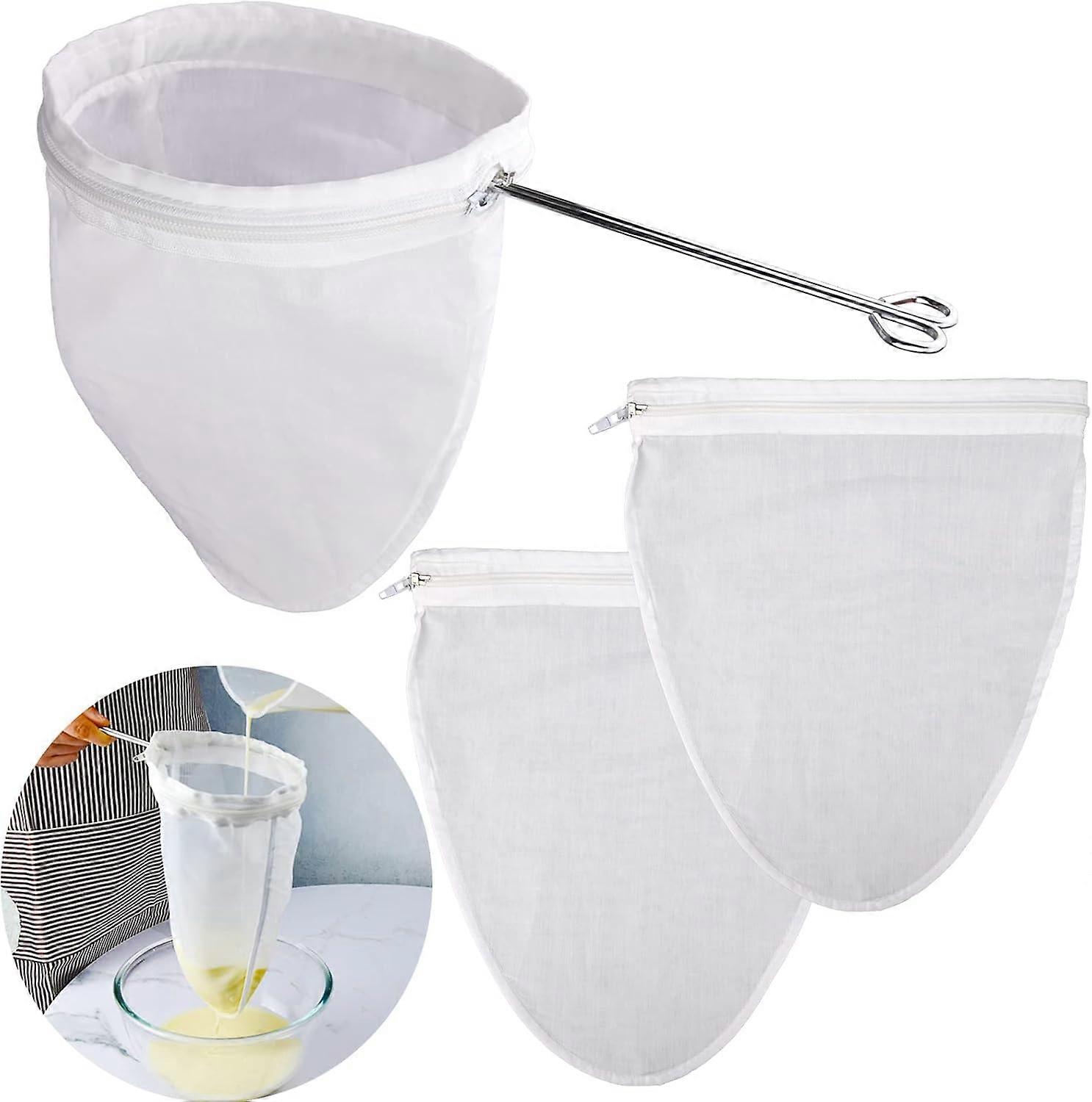 Ultrafine mesh filter bag, reusable mesh filter bag with stainless steel handle frame for filtering nut milk, coffee, milk, juice