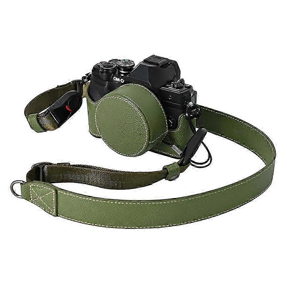 For Olympus OM-D E-M10 Mark IV Leather Camera Case Half Body Cover with Lens Cap, Shoulder Strap - G