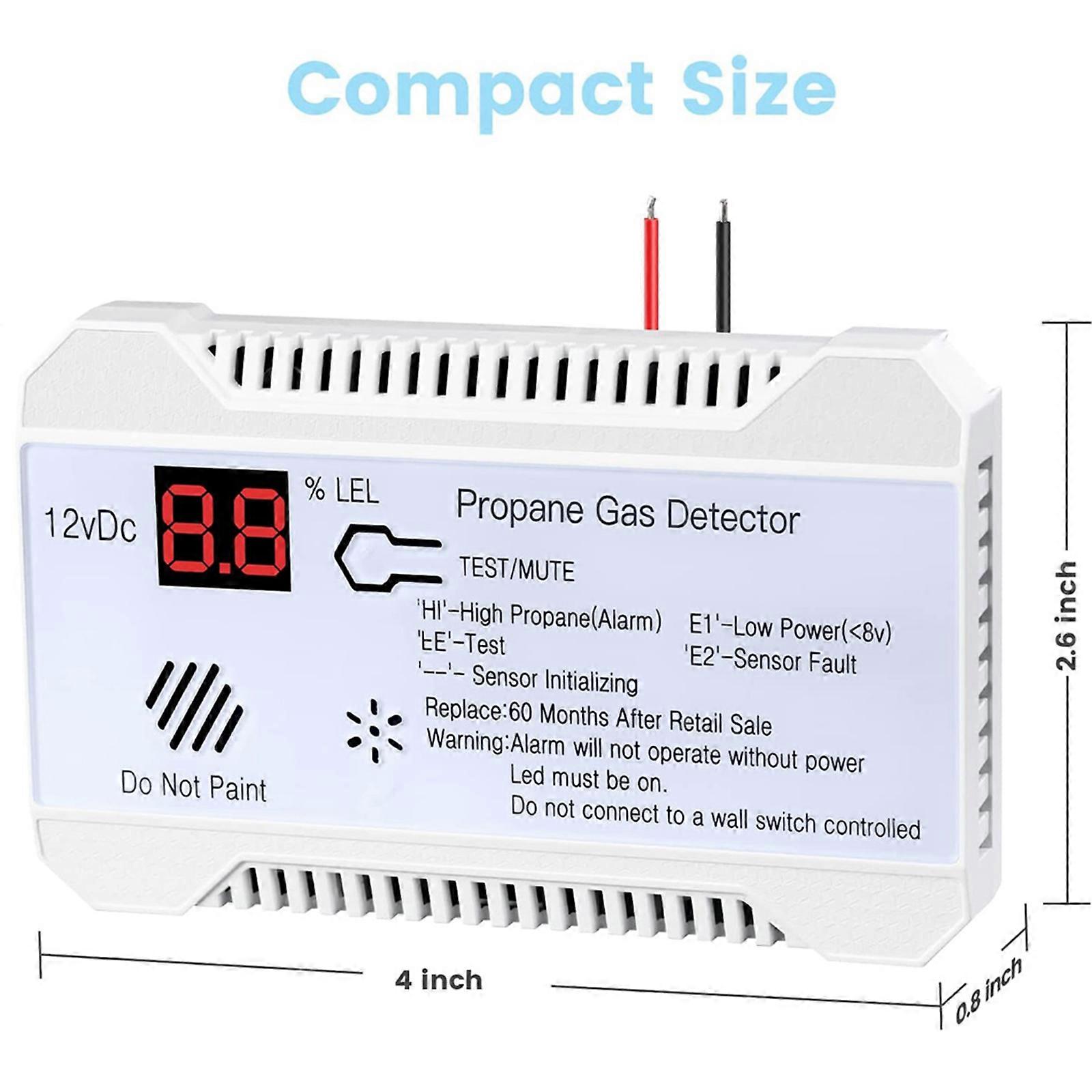 RV Propane Gas Detector 85dB Loud Alarm DC 12V, Mini Compact Propane Leak Sensor for Trailer Motorhome Motorcoach with Digital Display White