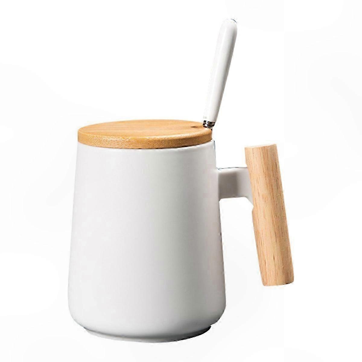 كوب قهوة سيراميك بمقبض خشبي ، سعة 450 مل ، تصميم غطاء على الطراز الاسكندنافي