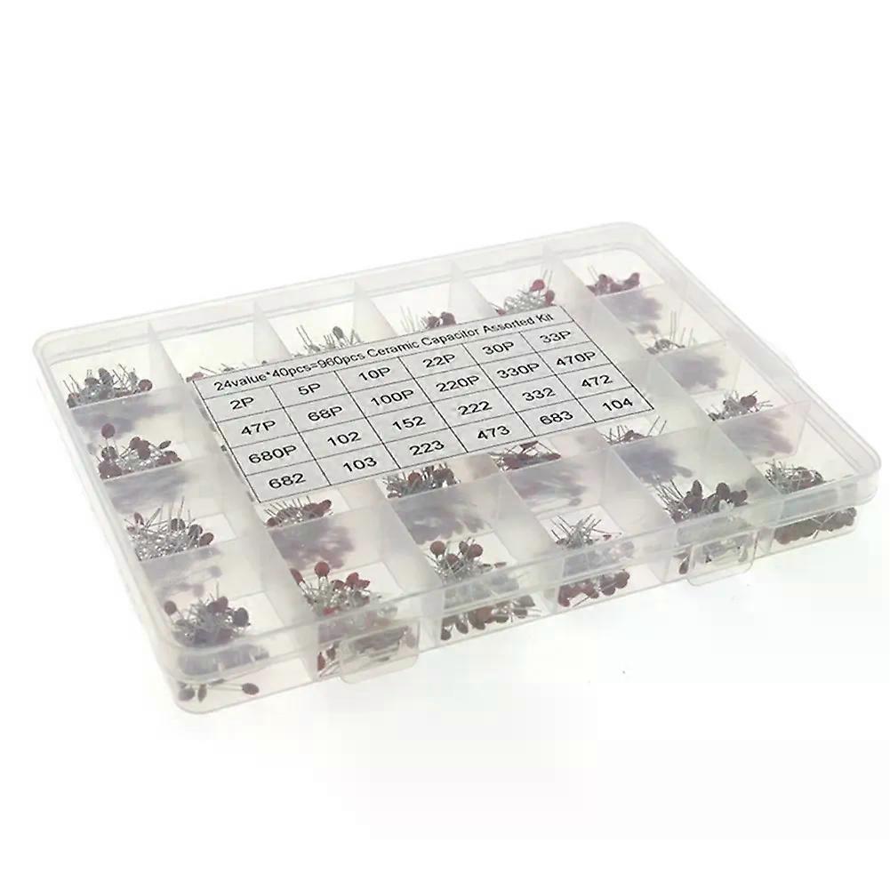 960Pcs Ceramic Capacitor Kit High Precision 960 Pcs Porcelain Capacitor Components 2pf-0.1UF Box 24 Values Electronic Components