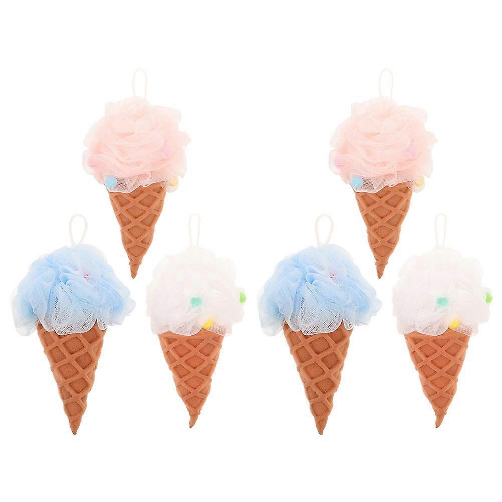 Ice Cream Shaped Bathing Balls 6pcs Gentle Exfoliating Shower Loofahs for Women, Soft Skin Cleansing Body Scrubbers in Pink, White, Blue