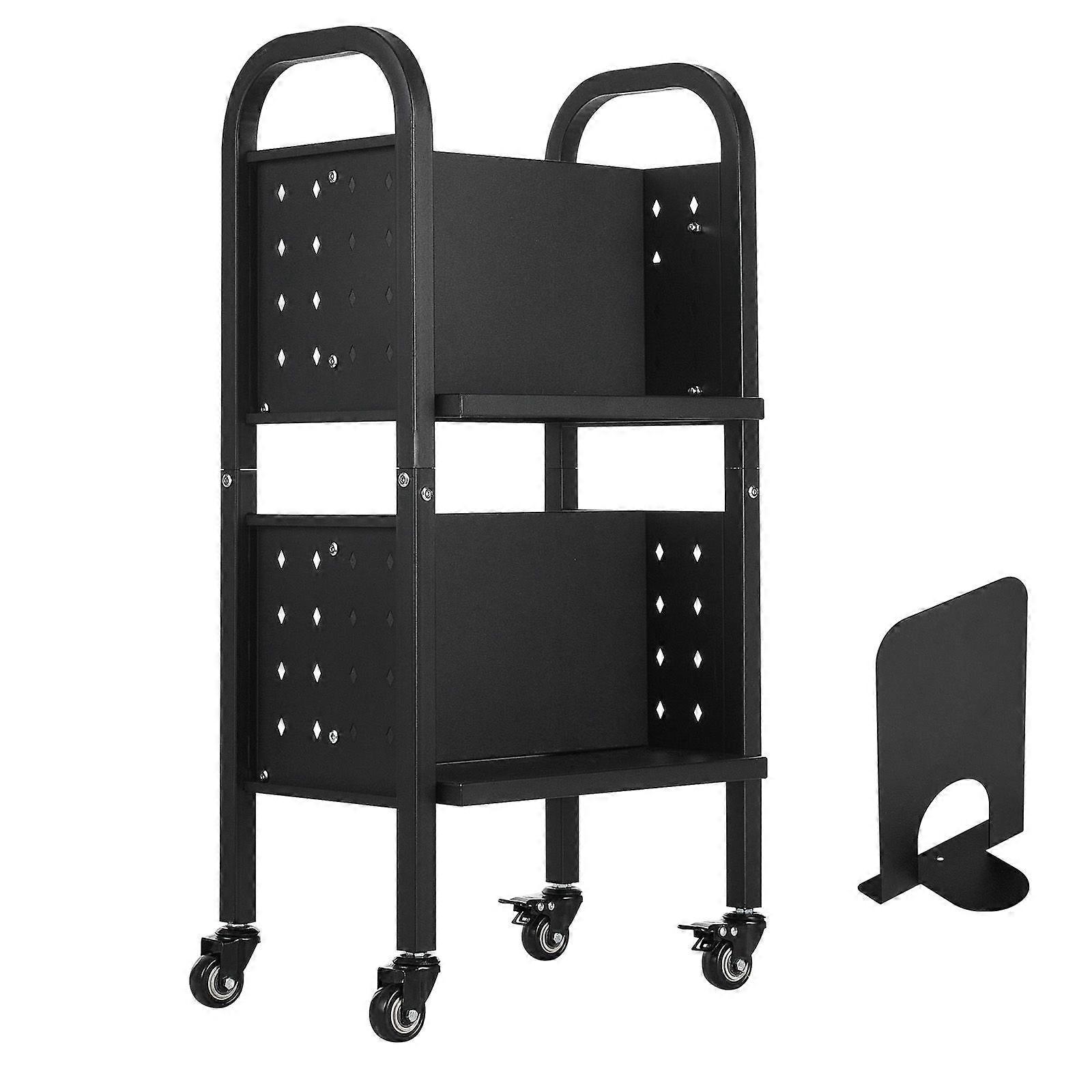 Rolling Library Book Cart, 70 kg Capacity, 45 x 33 x 88 cm Library Cart, Double Sided L-Shaped Shelves, Black