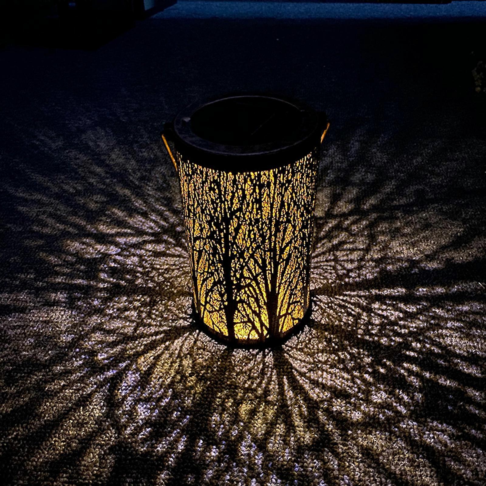 Outdoor Solar Lantern Lights Decorative Hanging Lantern Lamp Wrought Iron Hollow-out Lampshade Pathway Garden Lights Lawn Lamp Warm White Light
