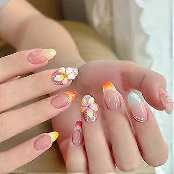 French Tip Press On Nägel Medium Blume Gefälschte Nägel Mandel Nude Rosa Nägel Presse
