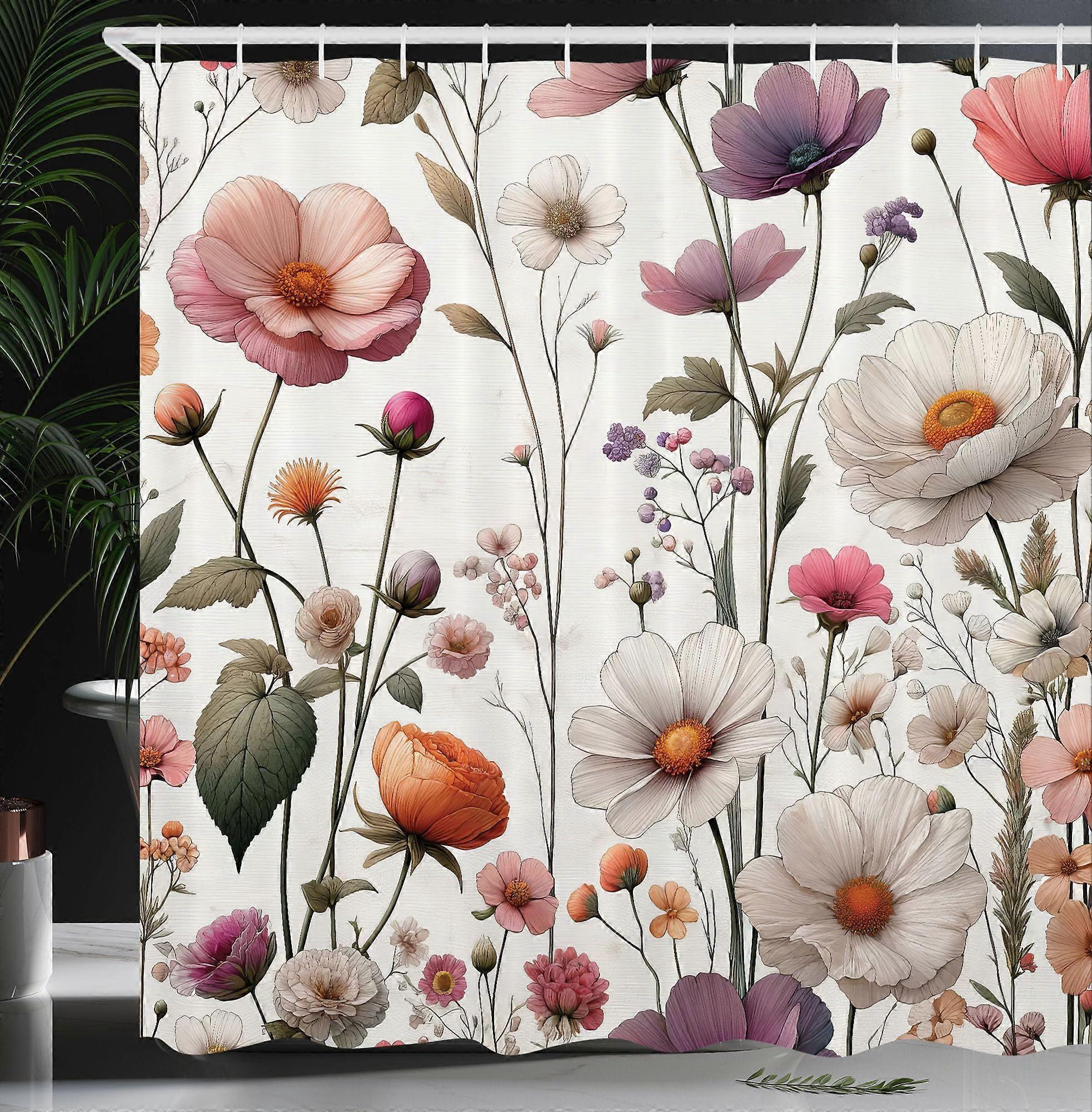 Floral Shower Curtain Garden Scene Pattern With Hooks Elevates Bath Decor 69x70in Cloth Fabric Mauve Sage Green Rose