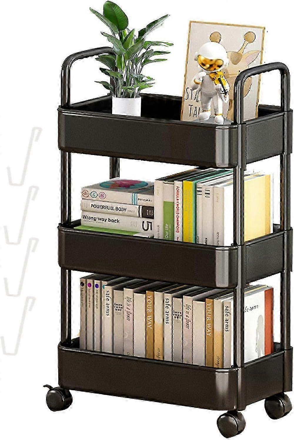 Auxiliary Cart with Wheels, 3 Tier Storage Shelves with Hooks, Rolling Storage Cart, Rolling Shelf Mobile Storage Organizer, Book Organizer
