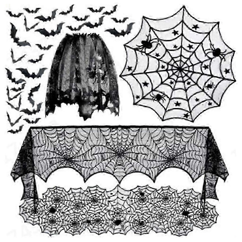 5 Pack Halloween Decorations Set Spider Cobweb Tablecloth Runner Fireplace Mantel Scarf Lampshade with 36pcs Bats Decor