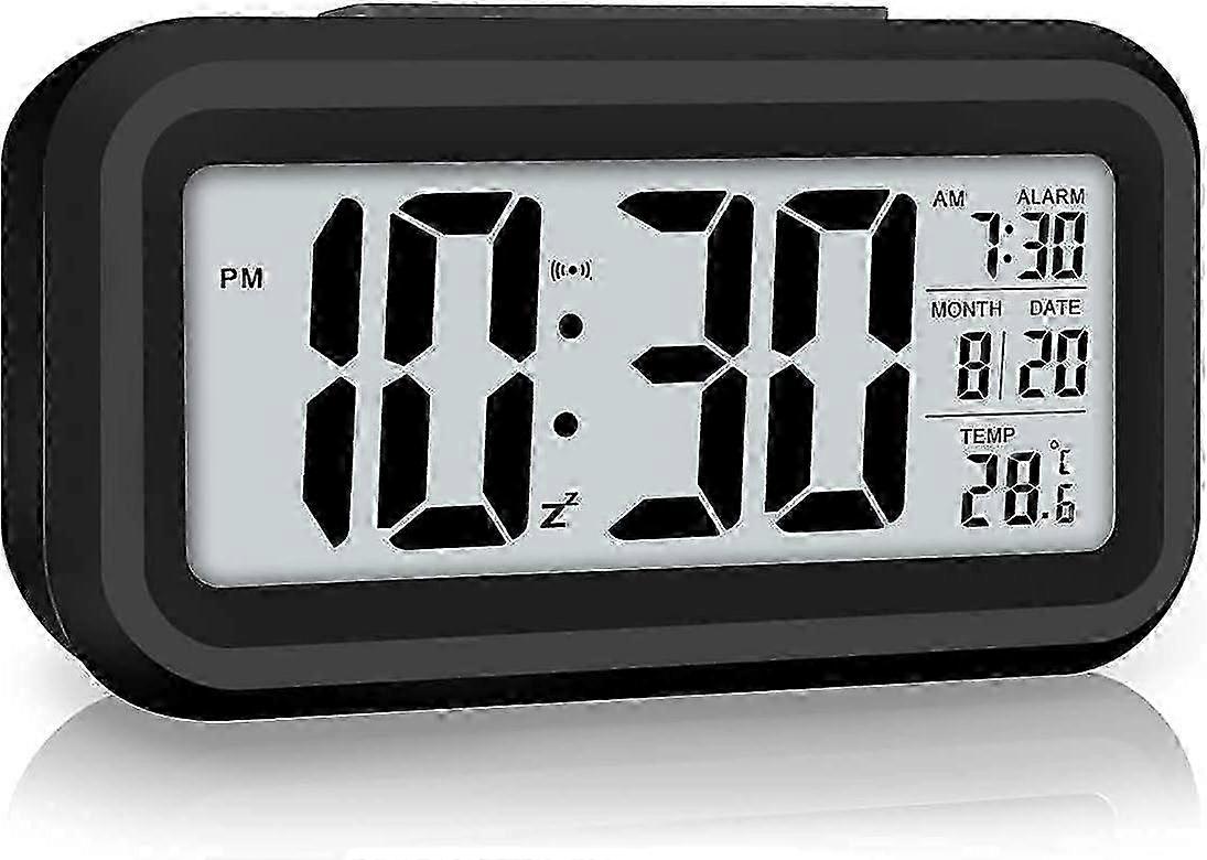 Indoor Temperature Digital Alarm Clock, Battery Operated with Smart Night Light Large Display for Bedroom Portable Design Full Calendar Educational 20