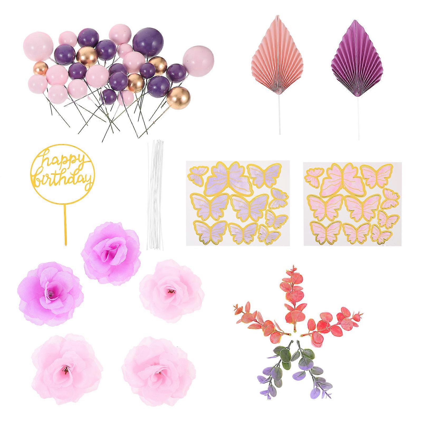 Décorations de gâteaux d'anniversaire papillon et fleurs, 5 ensembles, violet