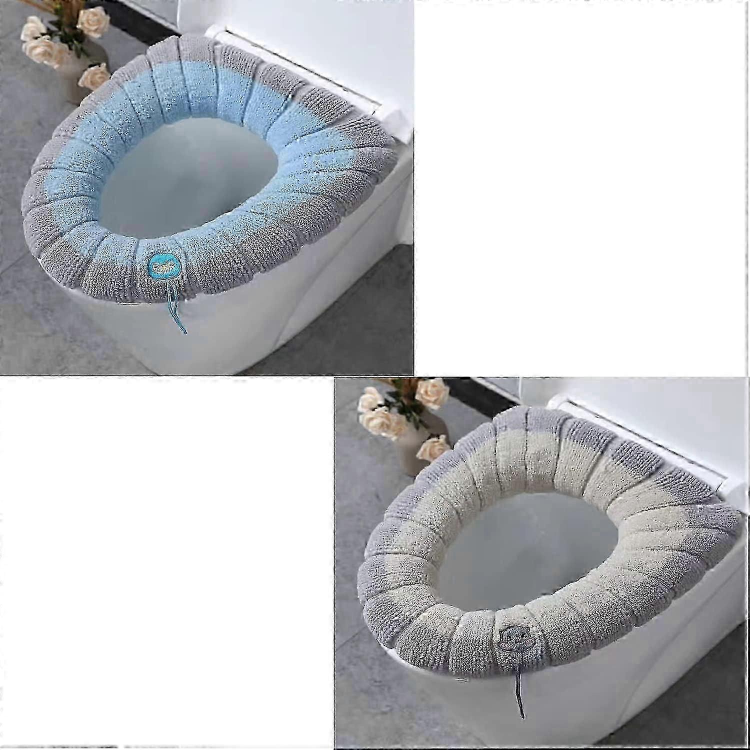 2 st mjuk toalettsits överdrag kudde toalettsits kudde tjockare tvättbar trasa, passar för långsträckt, rund, avlång toalettsits, blå + grå