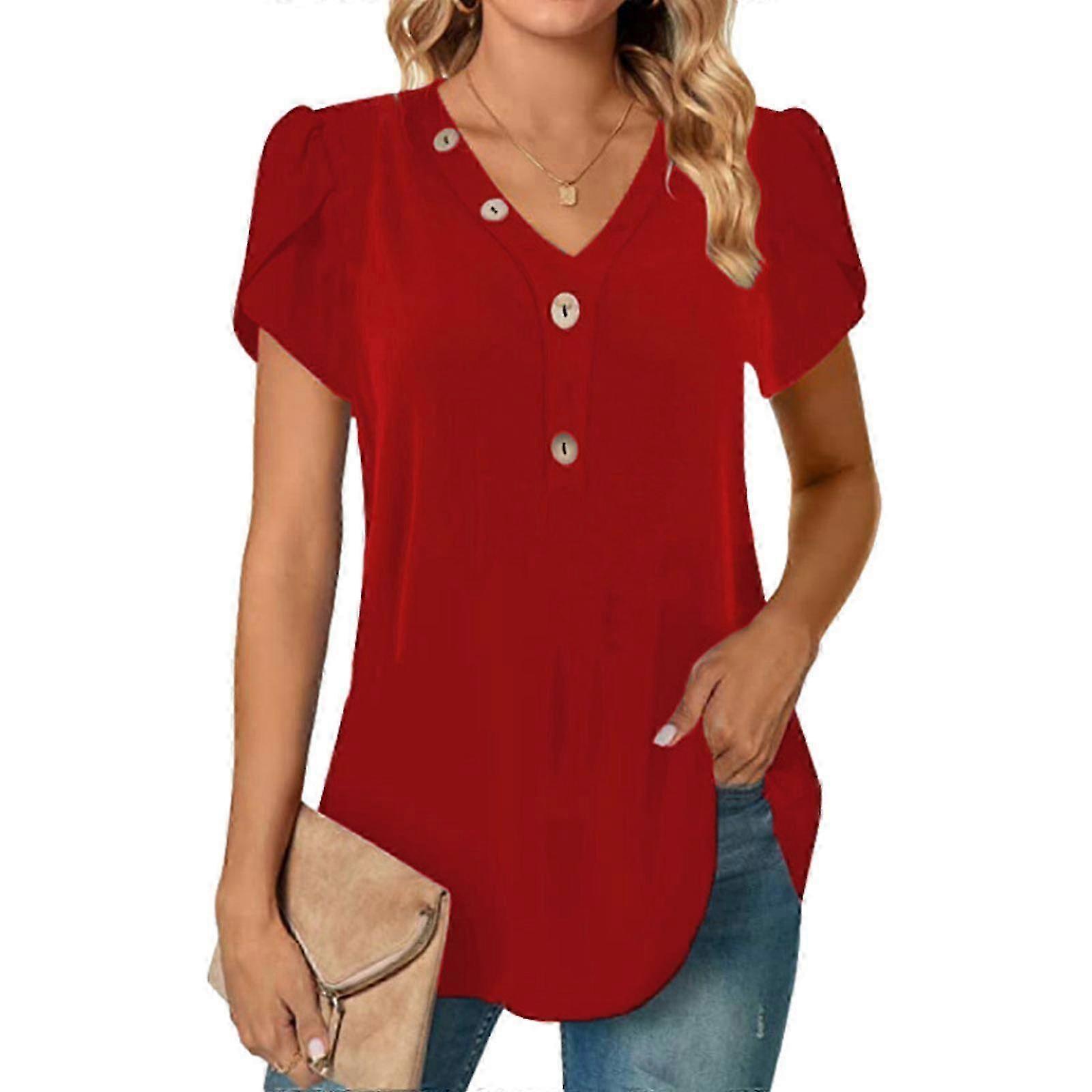 Women's Short Sleeve V-Neck Button Down T-Shirts Summer Patchwork Color Block Tees Tops in Black & Wine Red - 3XL