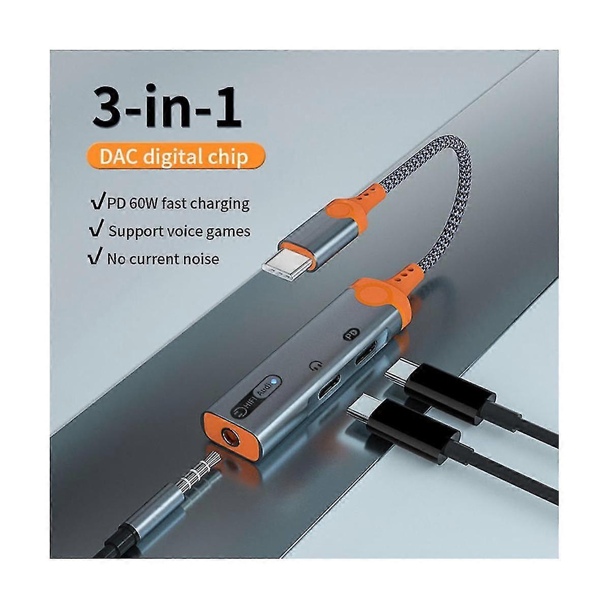 3 in 1 kuulokeliitännän sovitin PD60W nopea latausjakaja tyyppi C - 3.5mm DAC Audio Dual Type C Ea