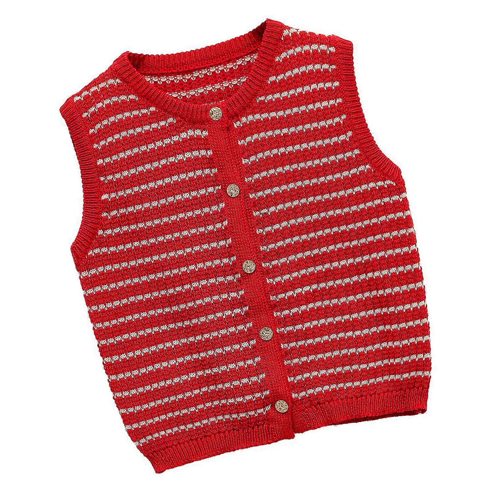 Revivalism Design Sleeveless Cardigan Vest Scriptures Stripe Womens Outerwear Lightweight Polyester Layered Outfit Essential  Red S