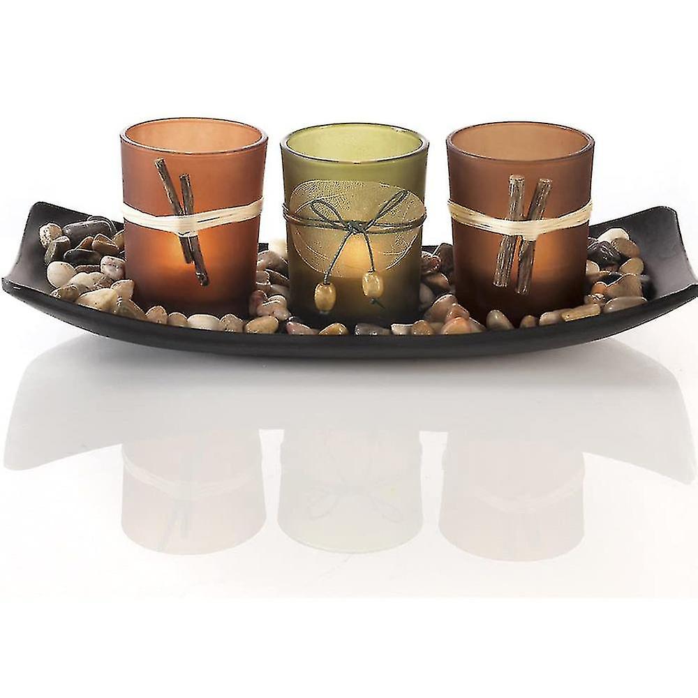 Natural Candlescape Set, 3 Decorative Candle Holders, Rocks And Tray