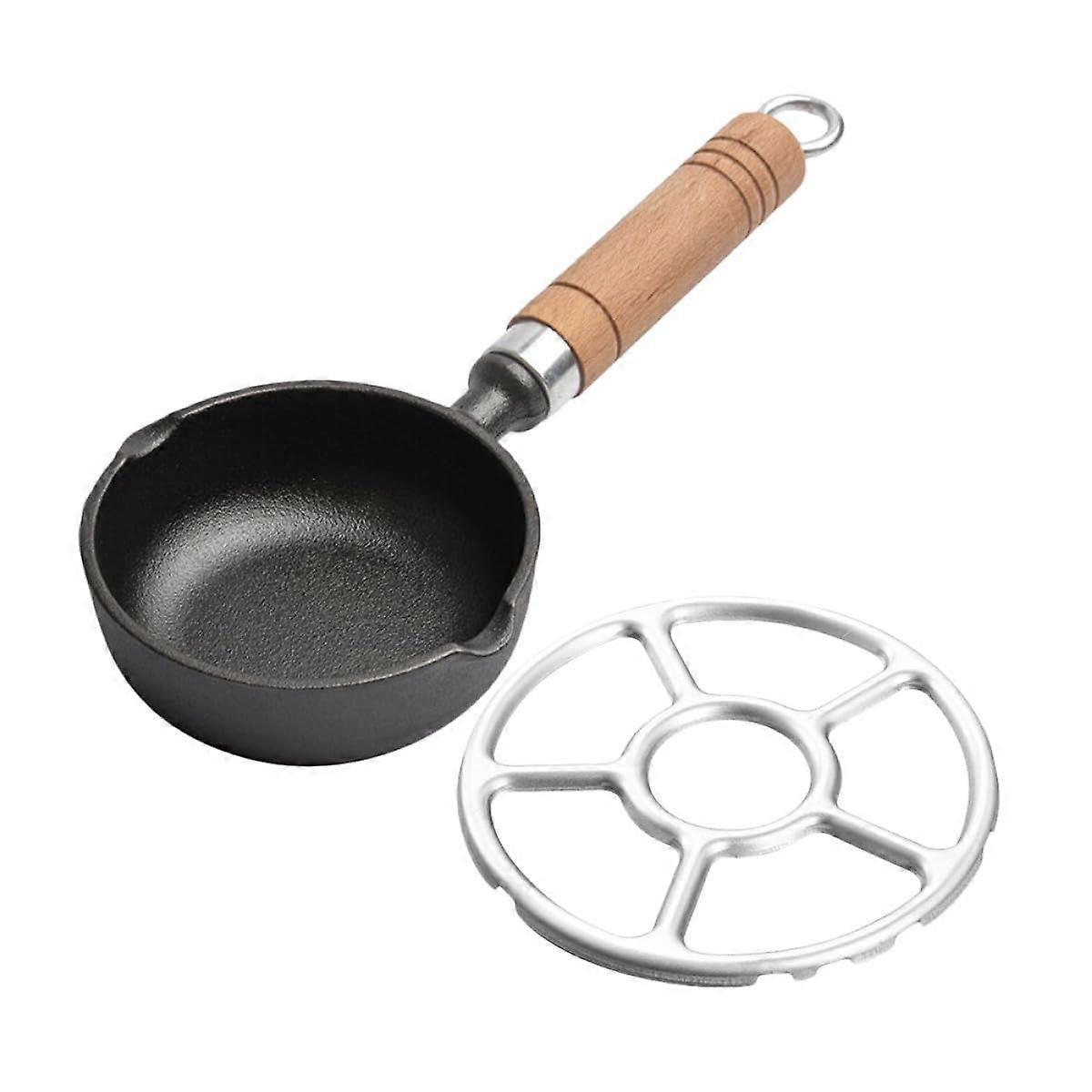 Cast Iron Mini Oil Pour Pan Set of 2 with Handle and Stove Rack for Egg Frying and Sauce Heating