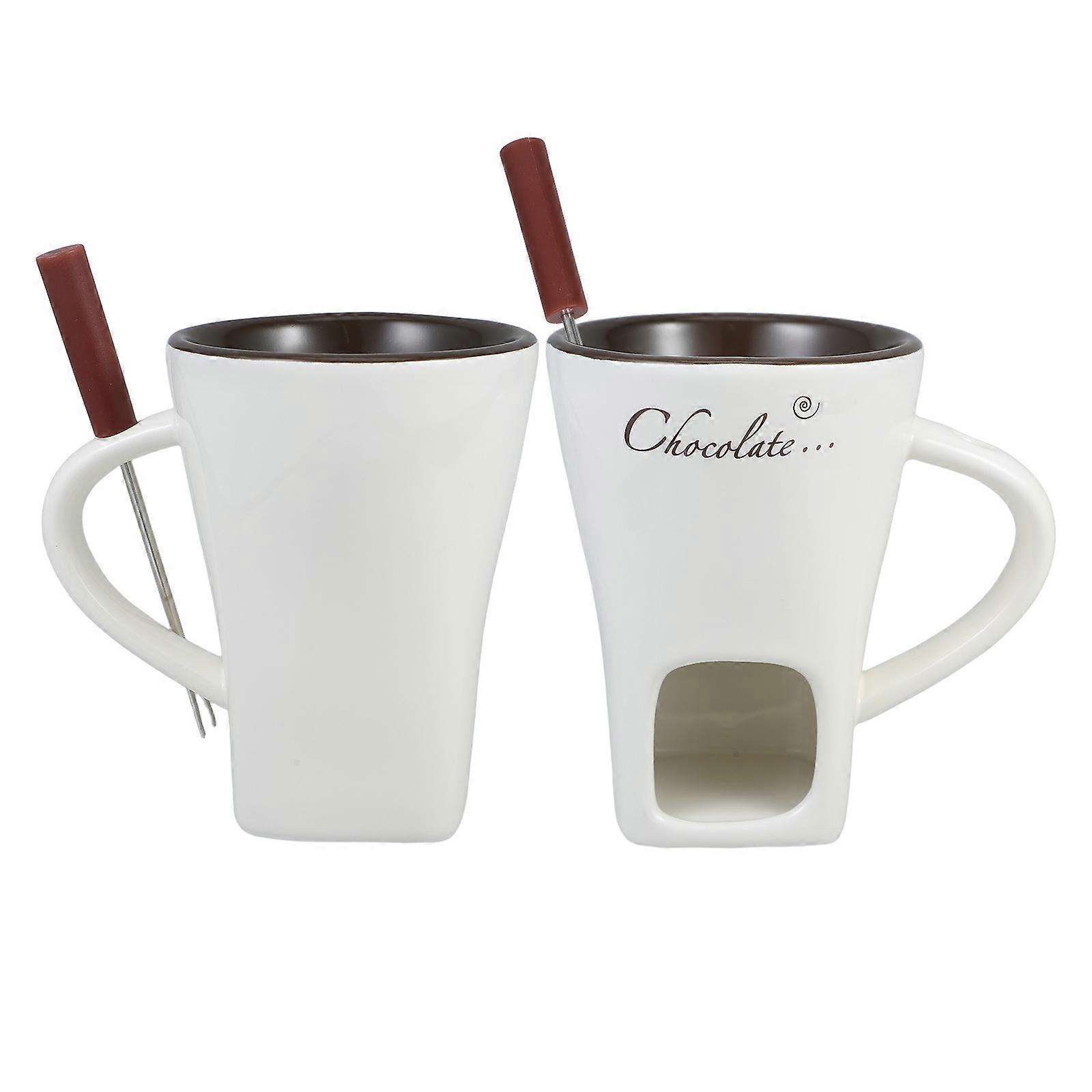 2 sets of Ceramic Melting Pot Cheese Melting Furnace Fondue Warmer with Fork