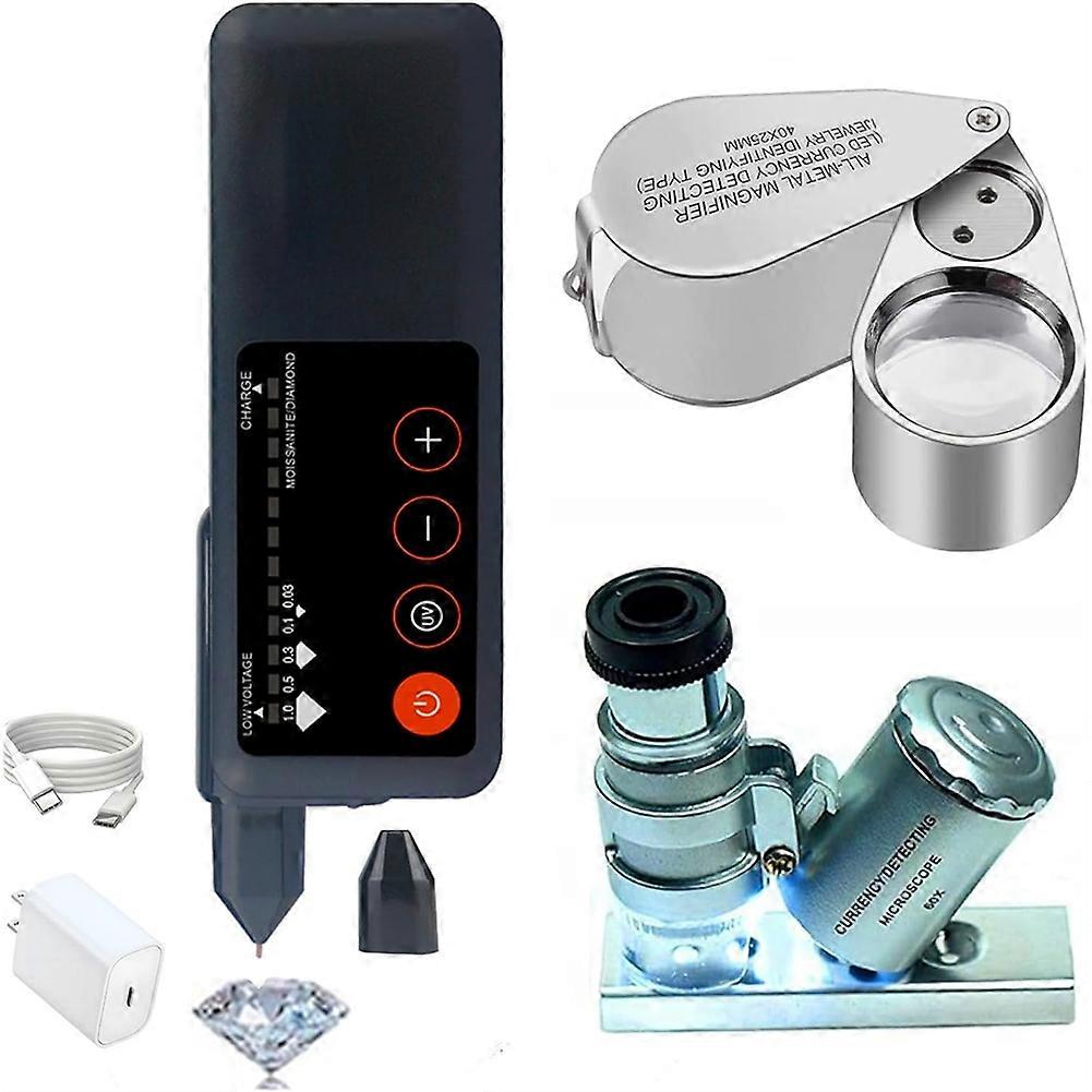 Diamond Tester Pen,Accuracy Diamond Tester and 60X Mini LED Magnifying&40X Full Metal Illuminated Magnifier for Novice