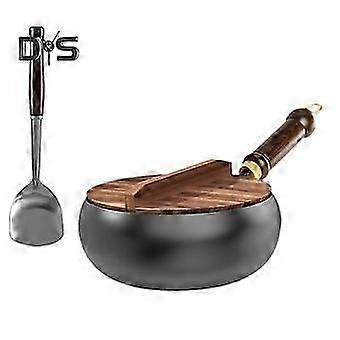 Traditional Cast Iron Wok Pan with Lid And Spatula 24cm Pure Iron Cookware with Physical Non-Stick Technology Coating-Free Chinese Skillet for