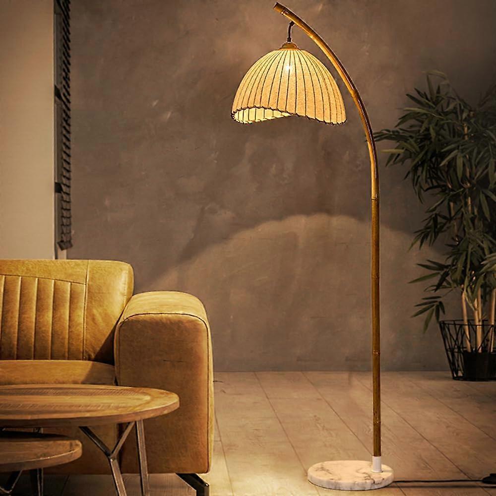 Modern Arc Floor Lamp with Linen Shade, Dimmable Light and Marble Base for Living Room or Office