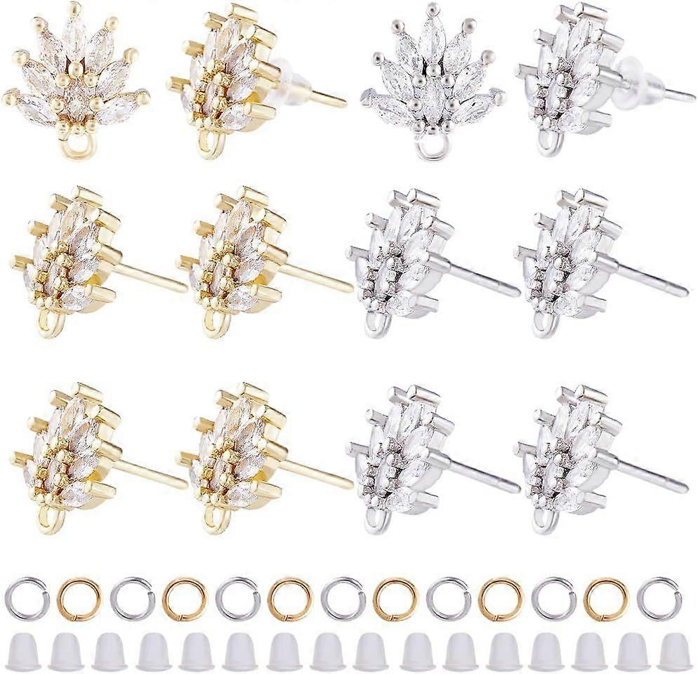 12Pcs 2 Color Brass Cubic Zirconia Flower Stud Earring Findings Ear Stud Earrings Earring Posts with Loops Open Jump Rings Ear Nuts for DIY Earring Je