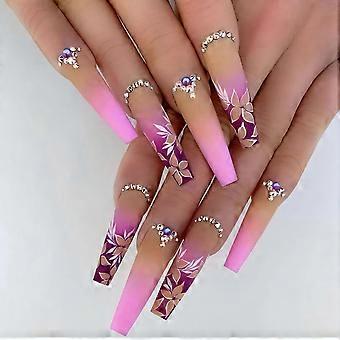Long Coffin Press On Nails with Rhinestones Matte Ombre Purple to Pink Flower Design 24pcs with Glue