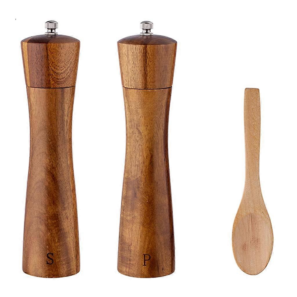 Wooden Pepper Grinder and Salt Mill Set with Adjustable Ceramic Blades and Solid Wood Spoon