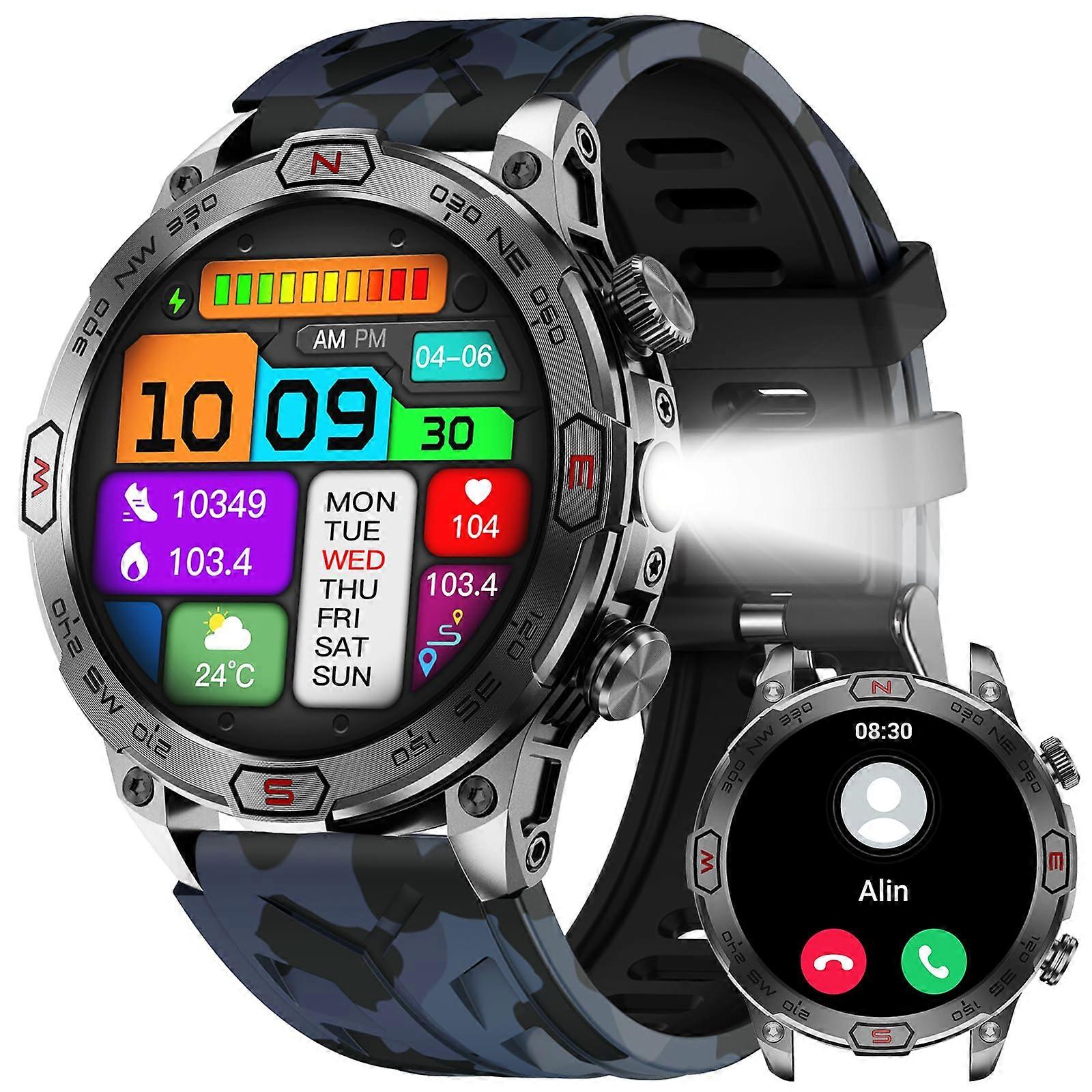 Military Smart Watch with AMOLED Display, Call Function, Compass, Waterproof, LED Flashlight, 100+ Sports Modes