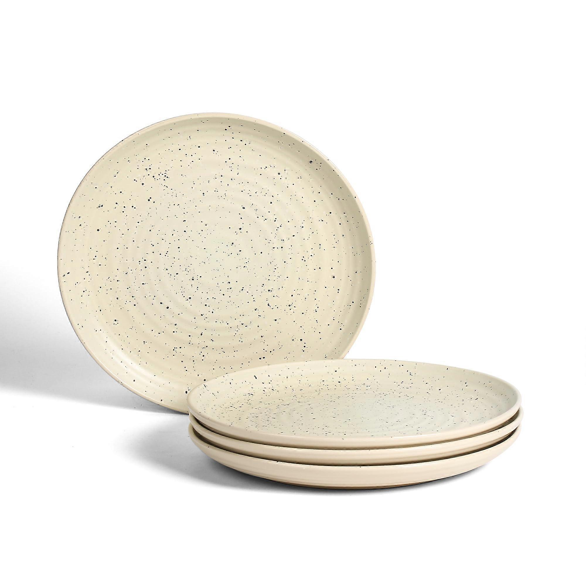 White Stoneware Dinner Plates Set for 4, Durable Ceramic with Intricate Textured Design