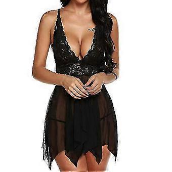 Nuisette en dentelle à col en V pour femme avec string assorti, en élasthanne