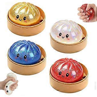 4Pcs Giant Dumpling Squishy, Dumpling Squeeze Toy,Giant Dumplings Glitter Box, Colorful Sensory Toys Stress Relief Ball, Squishy Toy with Steamer Box