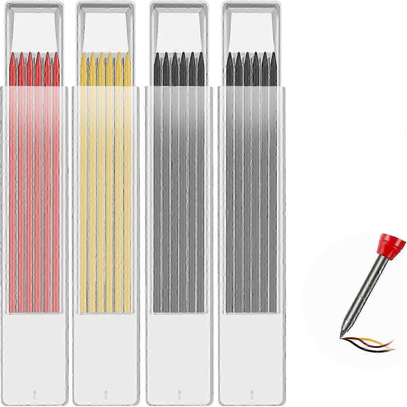 24 Pack Solid Woodworking Pencil Refills, 2.8mm Solid Deep Hole Mechanical Construction Pencil Replacement (Black&Red&Yellow)