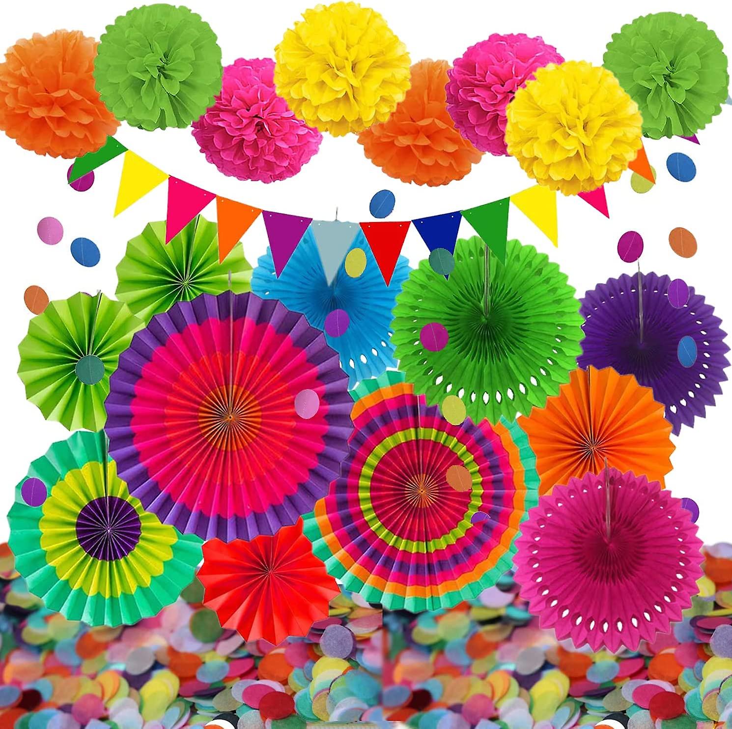 22-Pack Party Decoration Set with Hanging Paper Fans, Pom Poms Flowers, Triangle Bunting Flags, Garlands String Polka Dot and Paper Confetti for Birth
