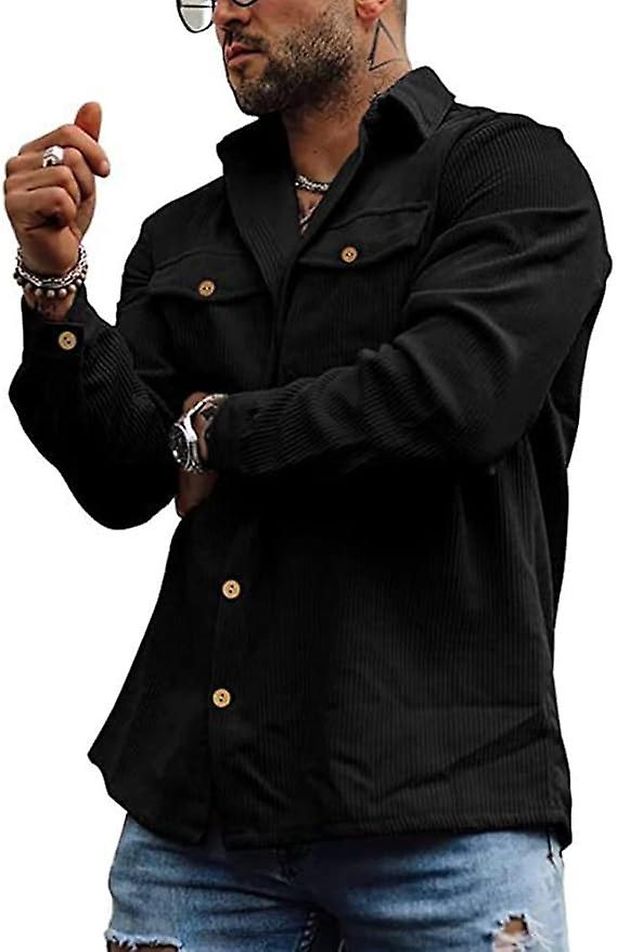 Herren Cordhemden Schwarz Langarm Button-Down Trucker Jacke Hemd Lässiges Arbeits-Shacket-Hemd mit TaschenGrößexl