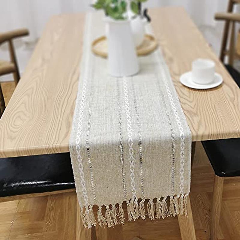 Retro Table Runner Elegant Hand Woven Cotton Linen Dining Table Runner with Tassels for Wedding Home