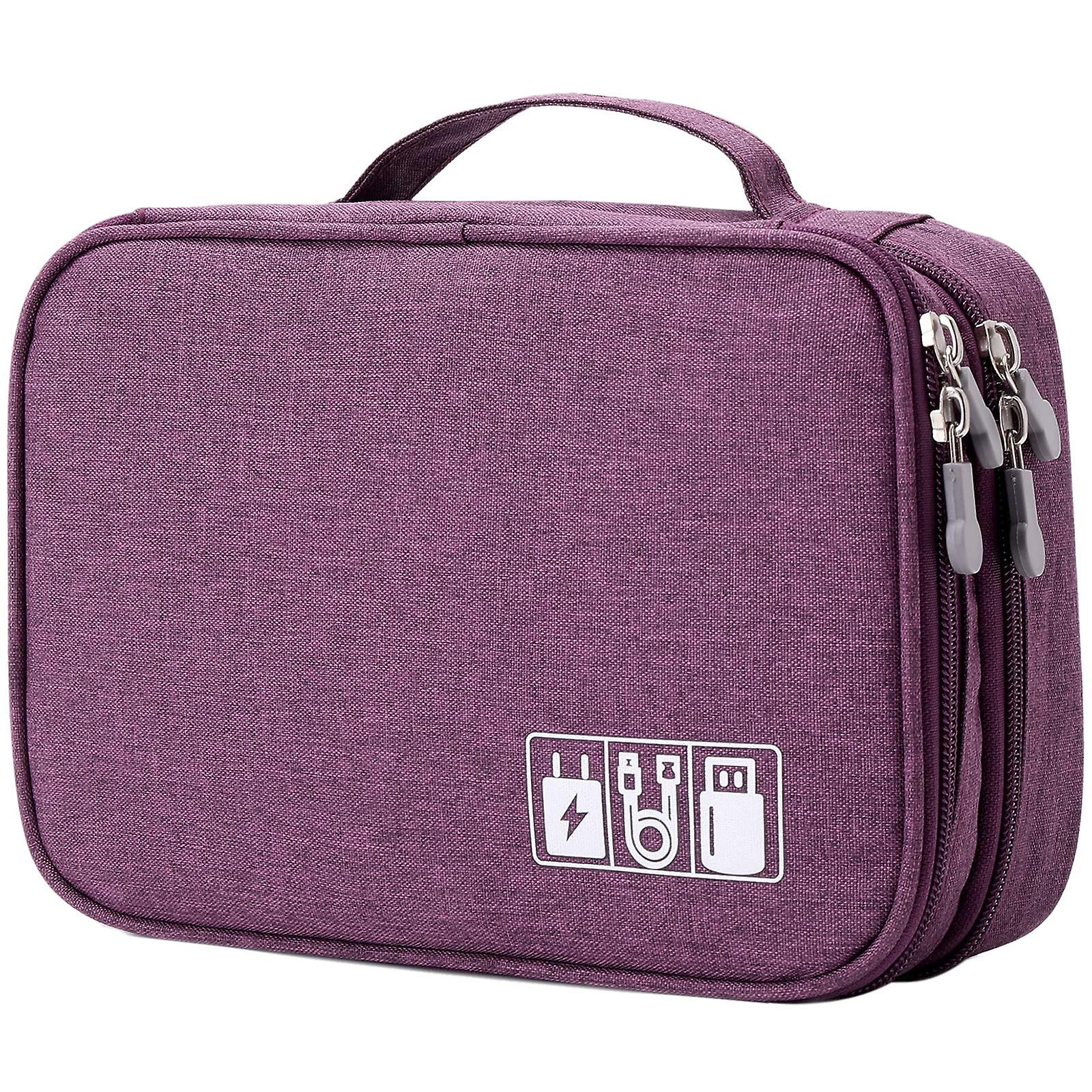 Travel Electronics Organizer Soft Case - Double-Layer Carrying Bag for Cords, Phone Chargers, Cables, Earbuds, Mouse - Purple