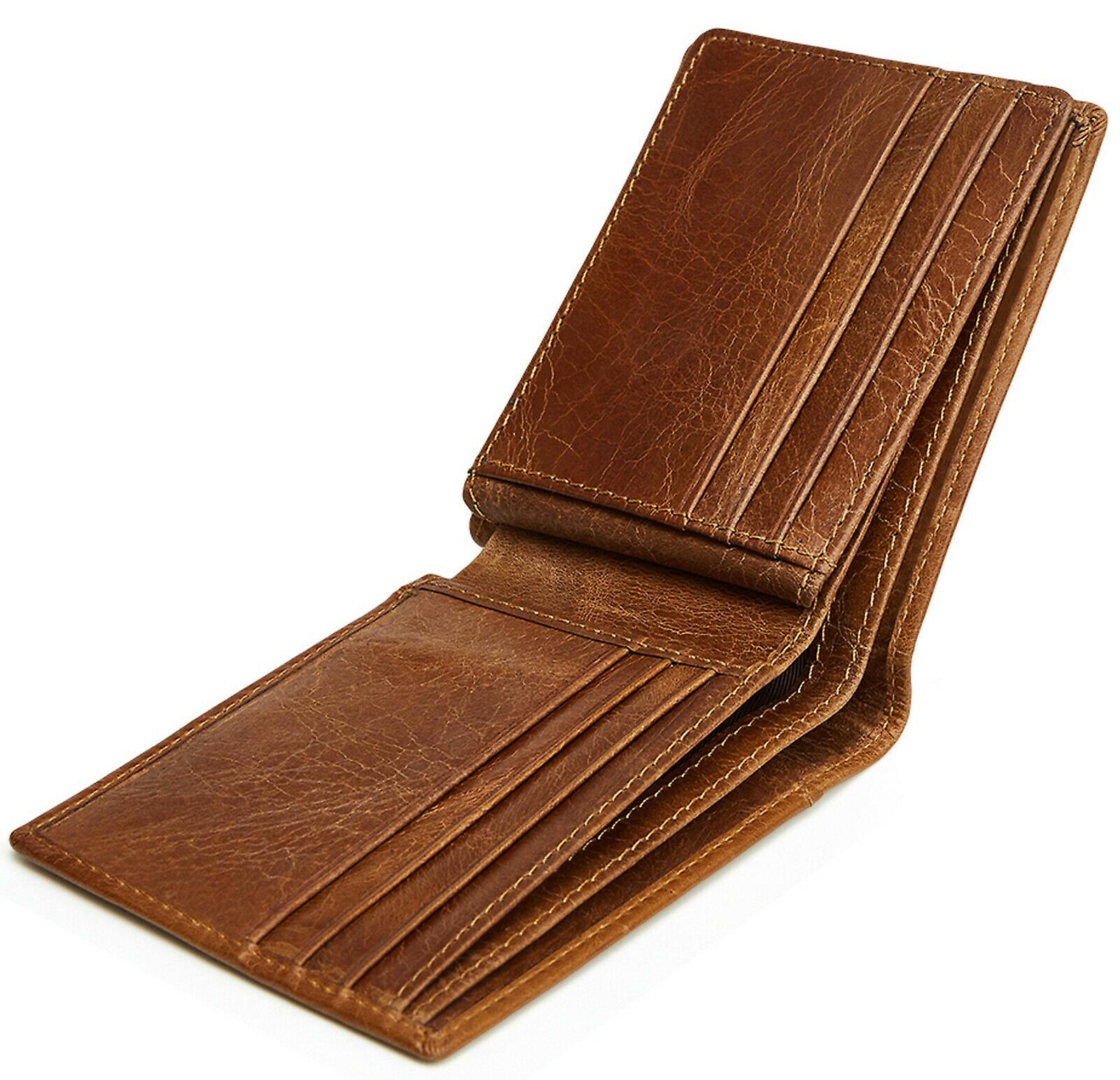 Men's RFID Blocking Full Grain Leather ID Window Multi-Currency Bifold Wallet