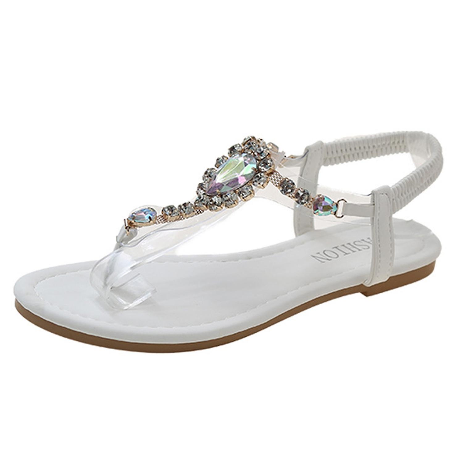 Kvinner Rhinestones Flip-Flops Flate sandaler Casual Elastic Ankel Strap Summer Beach T-stropp Thong Bohe
