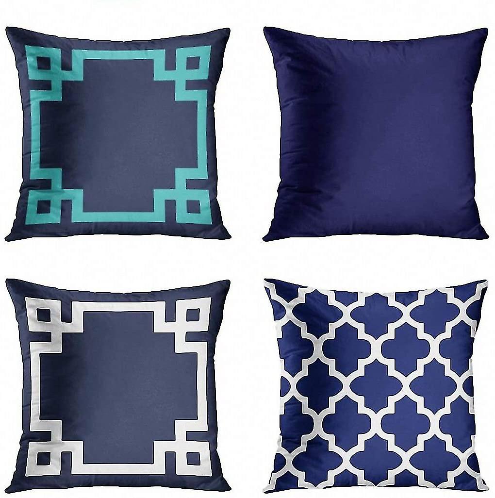 Set Of 4 Pillow Cases Preppy Blue And Turquoise Greek Key Border Girly Solid Color Modern Pillowcase