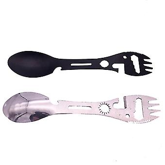 Camping Sporks, Edelstahl Spork Outdoor Löffel Gabel Multifunktions-Campingbesteck mit Dose & Flaschenöffner, Schraubenschlüssel für (2pcs, Silber + schwarz)