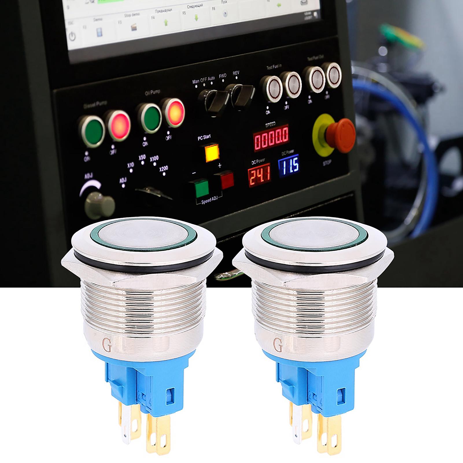 2Pcs DC12-24V 22mm Ring Self-Locking Button Switch IP65 6-Pin Push Button SwitchGreen