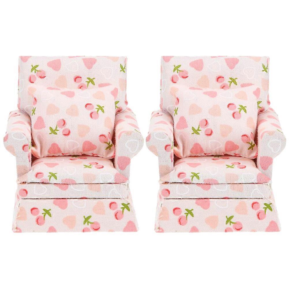 2 pcs Doll House Mini Single Sofa Armchair Miniature Single Sofa Couch with Pillows